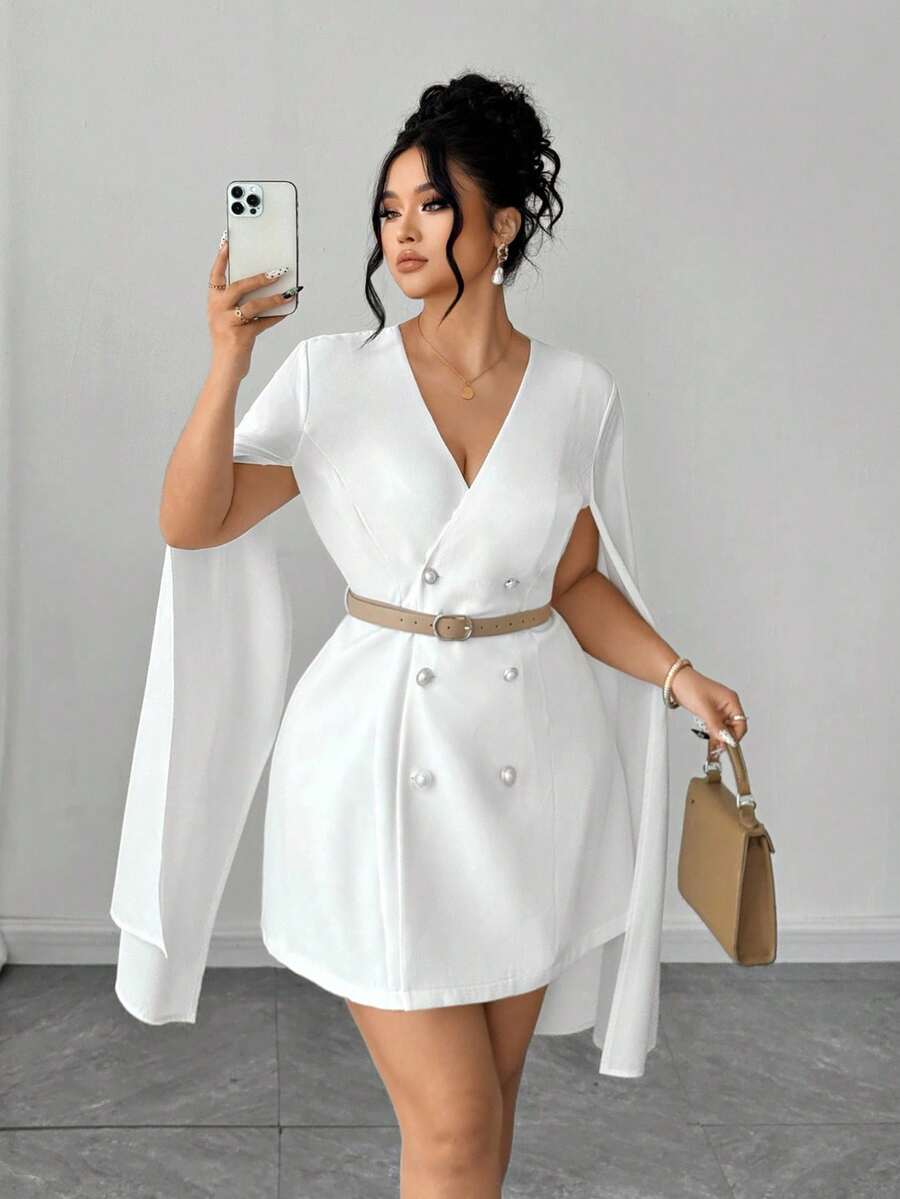 Elenzga Plus Size Women Elegant Double-Breasted Dress Fall - White - View 1