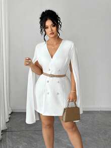 Elenzga Plus Size Women Elegant Double-Breasted Dress Fall - White - View 5
