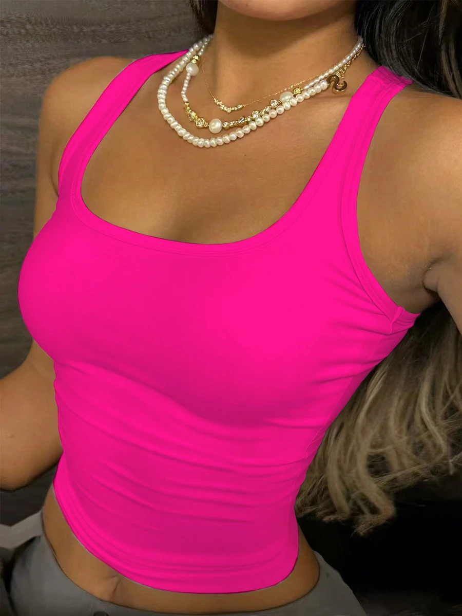 SHEIN 女款純色方領修身休閒性感短版背心，適合夜生活與外出，亮粉色夏季款 - 玫紅色 - 查看 1