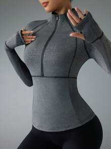 Exploreva Exploreva Women Zip-Up Pullover Sweatshirt With Thumb Hole - Dark Grey - View 4