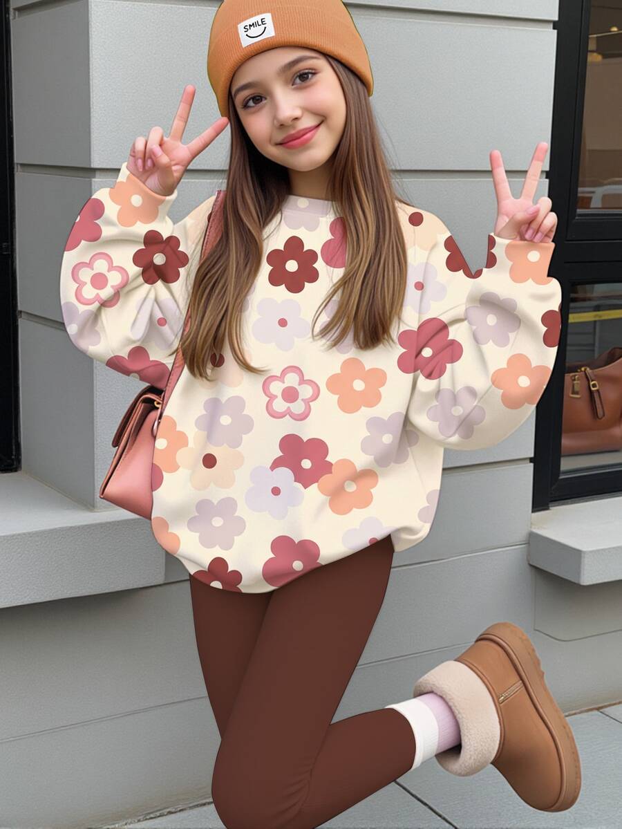 Tween女孩休閒可愛花卉圖案,美拉德色調,圓領衛衣與鬆緊腰長褲套裝,適合秋冬,慵懶、卡哇伊、舒適秋冬風格 - 彩色 - 查看 1