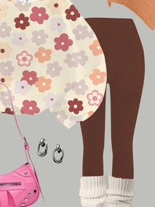 Tween女孩休閒可愛花卉圖案，美拉德色調，圓領衛衣與鬆緊腰長褲套裝，適合秋冬，慵懶、卡哇伊、舒適秋冬風格 - 彩色 - 查看 5