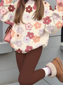 Tween女孩休閒可愛花卉圖案，美拉德色調，圓領衛衣與鬆緊腰長褲套裝，適合秋冬，慵懶、卡哇伊、舒適秋冬風格 - 彩色 - 查看 6