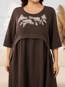 Lacomfia Gaun Panjang Longgar Lengan Setengah dengan Bordir Tebal, Saku, Leher Bulat, Minimalis, Elegan, Warna Cokelat - Coklat - View 1