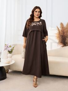 Lacomfia Gaun Panjang Longgar Lengan Setengah dengan Bordir Tebal, Saku, Leher Bulat, Minimalis, Elegan, Warna Cokelat - Coklat - View 4