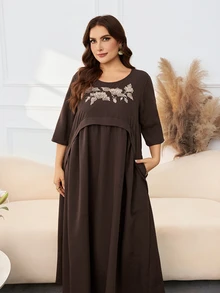 Lacomfia Gaun Panjang Longgar Lengan Setengah dengan Bordir Tebal, Saku, Leher Bulat, Minimalis, Elegan, Warna Cokelat - Coklat - View 5