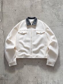 AXEPEAK 男士拼色拉鍊休閒百搭日常旅行長袖夾克 - 白色 - 查看 8