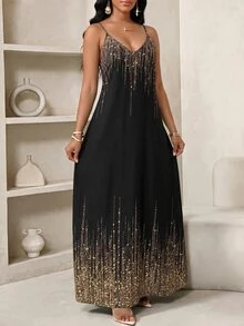 SHEIN Lady Plus Size Glitter Print Spaghetti Strap Dress Theme Party Evening Black Summer Celestial Formal Elegant - Black - View 3