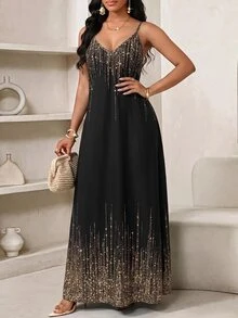 SHEIN Lady Plus Size Glitter Print Spaghetti Strap Dress Theme Party Evening Black Summer Celestial Formal Elegant - Black - View 4