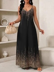 SHEIN Lady Plus Size Glitter Print Spaghetti Strap Dress Theme Party Evening Black Summer Celestial Formal Elegant - Black - View 5