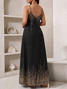 SHEIN Lady Plus Size Glitter Print Spaghetti Strap Dress Theme Party Evening Black Summer Celestial Formal Elegant - Black - View 2