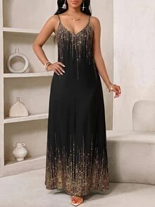 SHEIN Lady Plus Size Glitter Print Spaghetti Strap Dress Theme Party Evening Black Summer Celestial Formal Elegant - Black - View 1