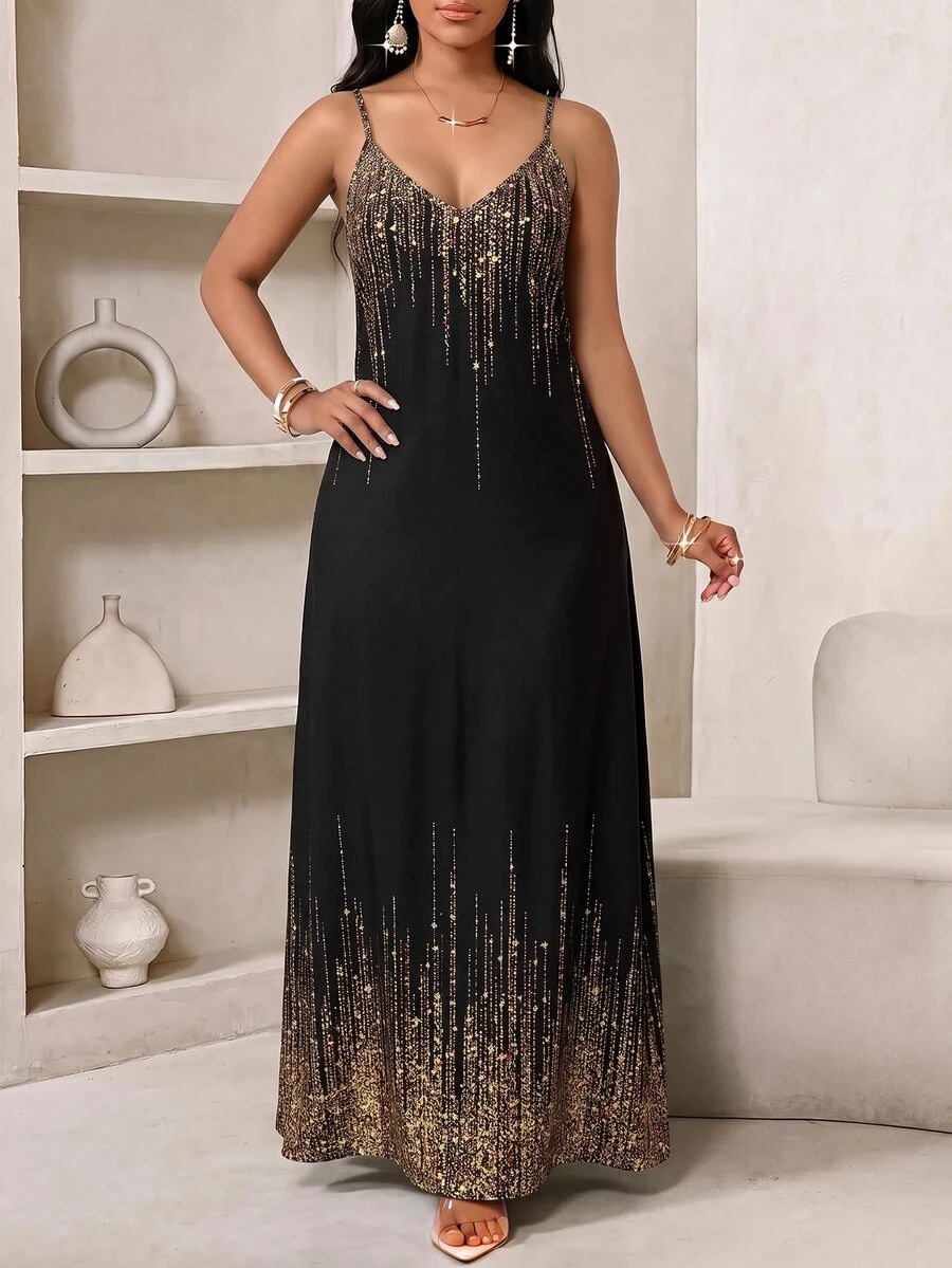 SHEIN Lady Plus Size Glitter Print Spaghetti Strap Dress Theme Party Evening Black Summer Celestial Formal Elegant - Black - View 1