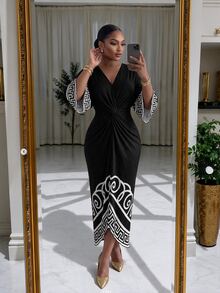 SHEIN Lady CURVE Plus Size Elegant Vacation Geometric Print Pleated Dress - Black - View 4