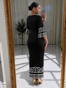 SHEIN Lady CURVE Plus Size Elegant Vacation Geometric Print Pleated Dress - Black - View 2
