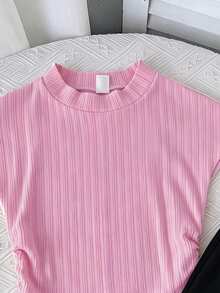 SHEIN 2件組少女粉色針織套裝，抓皺高領修身上衣搭配寬腿長褲 - 彩色 - 查看 6