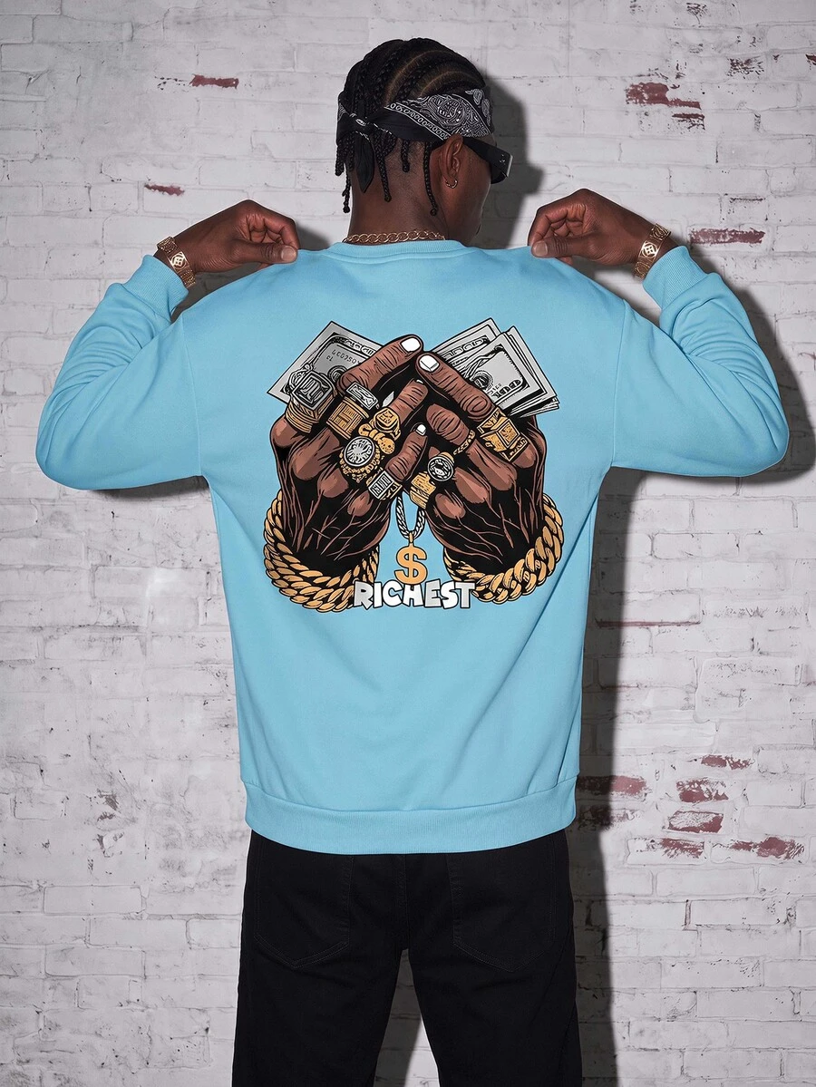 Manfinity EMRG Men's Round Neck Long Sleeve Hand Palm Print Minimalist Sweatshirt, Casual Everyday Wear, For Fall - Blue - View 1