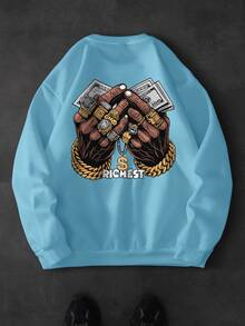 Manfinity EMRG Men's Round Neck Long Sleeve Hand Palm Print Minimalist Sweatshirt, Casual Everyday Wear, For Fall - Blue - View 3