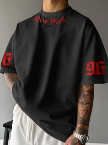 Manfinity EMRG Camiseta de manga corta con cuello redondo y estampado de color contrastante para hombres - Negro - Ver 3