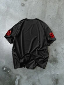 Manfinity EMRG Camiseta de manga corta con cuello redondo y estampado de color contrastante para hombres - Negro - Ver 2