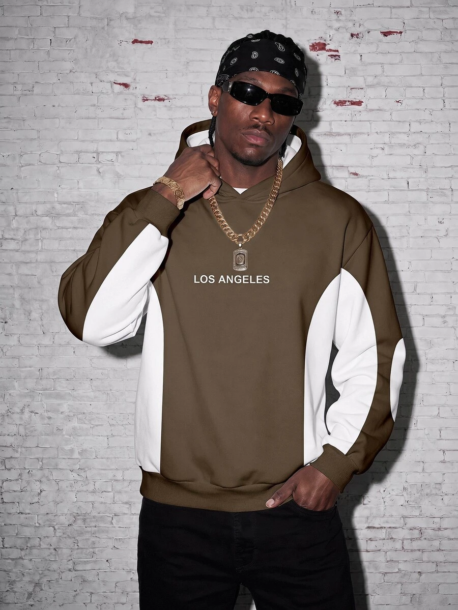 Manfinity EMRG Men's Letter Print Contrast Color Long Sleeve Casual Fleece Hoodie Sweatshirt - Multicolor - View 1