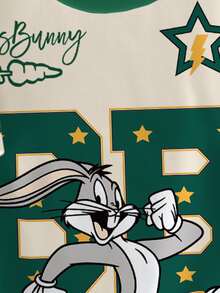 LOONEY TUNES X SHEIN 男童圆领短袖夏季舒适休闲卡通可爱运动学院条纹星星字母图案T恤 - 白色 - 查看 5
