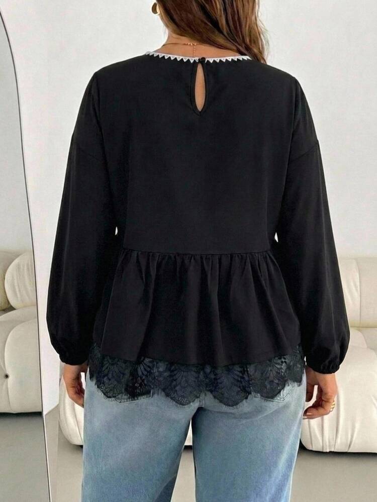 Shapeblank Casual Shell Flower Craft Contrast Color Plus Size Black Long Sleeve T-Shirt, Suitable For Autumn, Black Top, Party, Date, New Year Outfit, Halloween Costume - Black - View 2