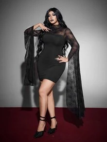 Whyspr Gaun Halloween Seksi Goth Slim Fit Lengan Panjang Ukuran Besar untuk Wanita, Pesta Musim Gugur, Klub, Warna Hitam - Hitam - View 5