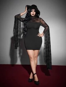 Whyspr Gaun Halloween Seksi Goth Slim Fit Lengan Panjang Ukuran Besar untuk Wanita, Pesta Musim Gugur, Klub, Warna Hitam - Hitam - View 4