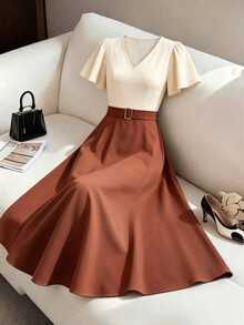 Velvienne Plus Size Elegant Fashion V-Neck Belt Petal Sleeve Patchwork Contrast Color Metal Buckle Women's Dress - Multicolor - View 3