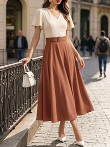Velvienne Plus Size Elegant Fashion V-Neck Belt Petal Sleeve Patchwork Contrast Color Metal Buckle Women's Dress - Multicolor - View 8