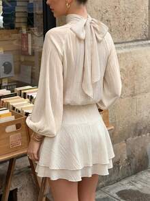 SHEIN PariChic Đầm Frenchy cổ cao tay cánh hoa xếp lớp gấu bèo màu mơ phong cách thanh lịch cho mùa thu đi brunch - Màu be - Xem 2