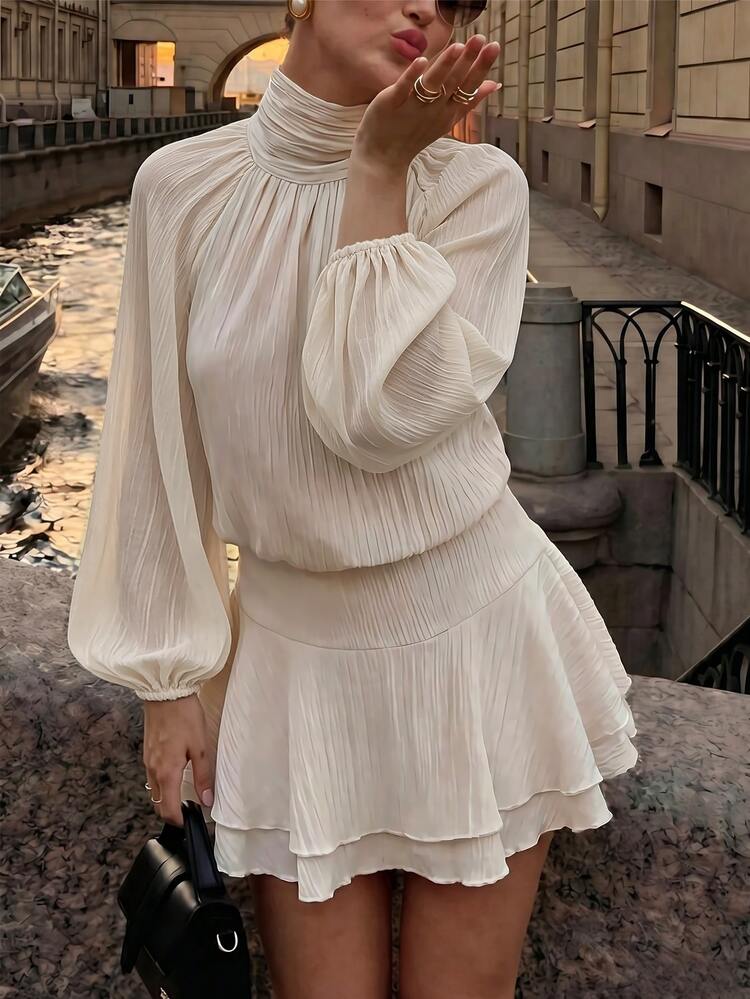 SHEIN PariChic Frenchy 高領花瓣袖層次荷葉邊下擺洋裝 早午餐杏色秋季優雅風 - 杏色 - 查看 3
