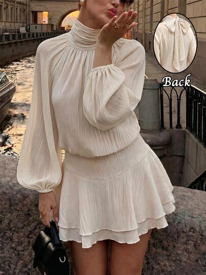 SHEIN PariChic Frenchy High Neck Petal Sleeve Layered Ruffle Hem Dress Brunch Apricot Autumn Elegant
