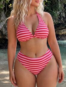 Swim Mod Plus Size Women 2 Pieces Striped Print Spaghetti Strap Sexy Beach Vacation Bikini Swimwear - Multicolor - View 4