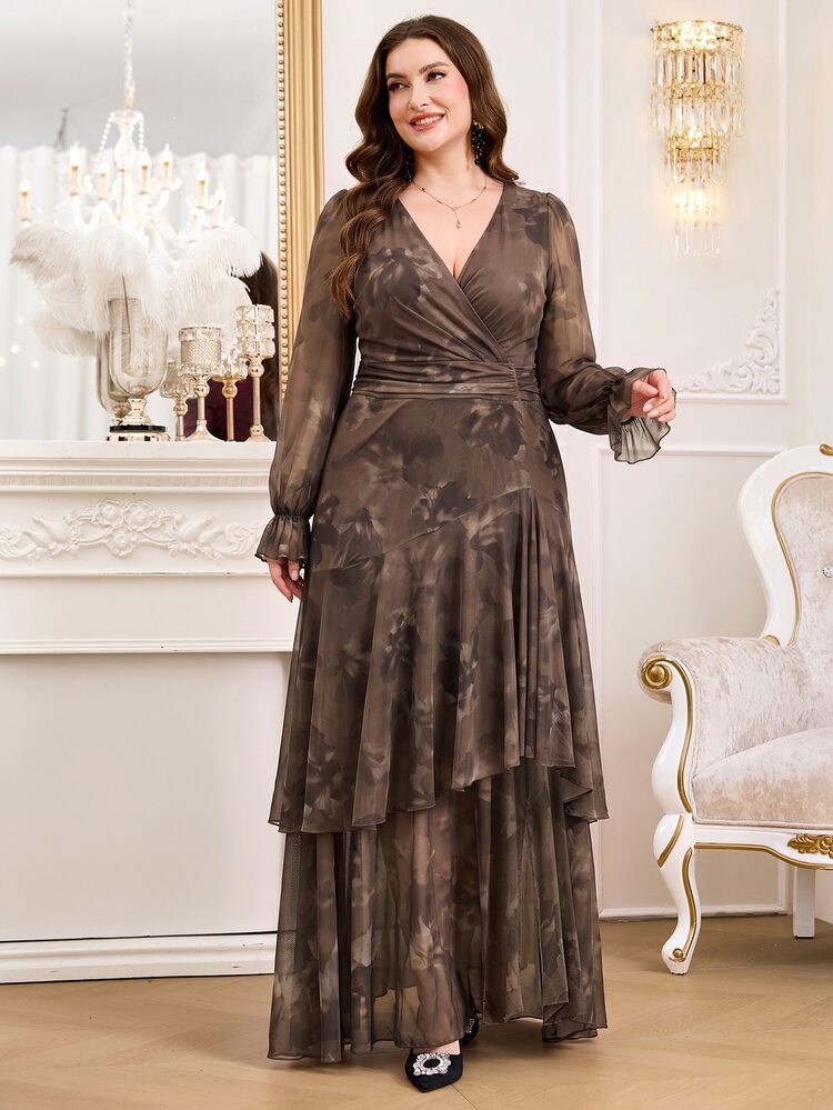 Reflora New Plus Size Women's Fashion Printed Ruffle Wave Hem High Elastic Cinched Waist Concealing Long Dress, Autumn Dress, Pleated Dress, Floral Dress - Coffee Brown - View 6