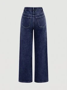 SHEIN Girlism 青少年女孩口袋寬腿鬆垮休閒百搭牛仔褲 - 深色水洗藍 - 查看 2
