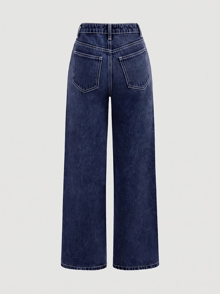 SHEIN Girlism Teen Girl Pocket Wide Leg Loose Casual Versatile Denim Jeans - Dark Wash - View 2
