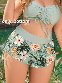 Swim Lushoire Plus Size Women Summer Beach Vacation Tropical Print Drawstring Ruched Tie Front Swimwear Bottom - Hot Pink - View 5