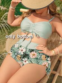 Swim Lushoire Plus Size Women Summer Beach Vacation Tropical Print Drawstring Ruched Tie Front Swimwear Bottom - Hot Pink - View 4