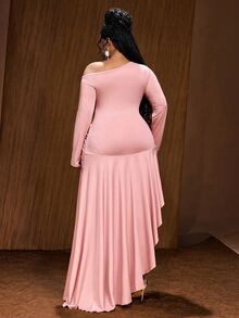 Maweii Plus Size Women's Asymmetric Neck Ruched Casual Party Dress - Dusty Pink - View 6