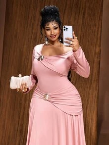 Maweii Plus Size Women's Asymmetric Neck Ruched Casual Party Dress - Dusty Pink - View 2