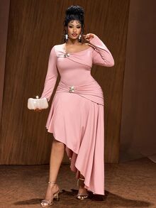 Maweii Plus Size Women's Asymmetric Neck Ruched Casual Party Dress - Dusty Pink - View 3