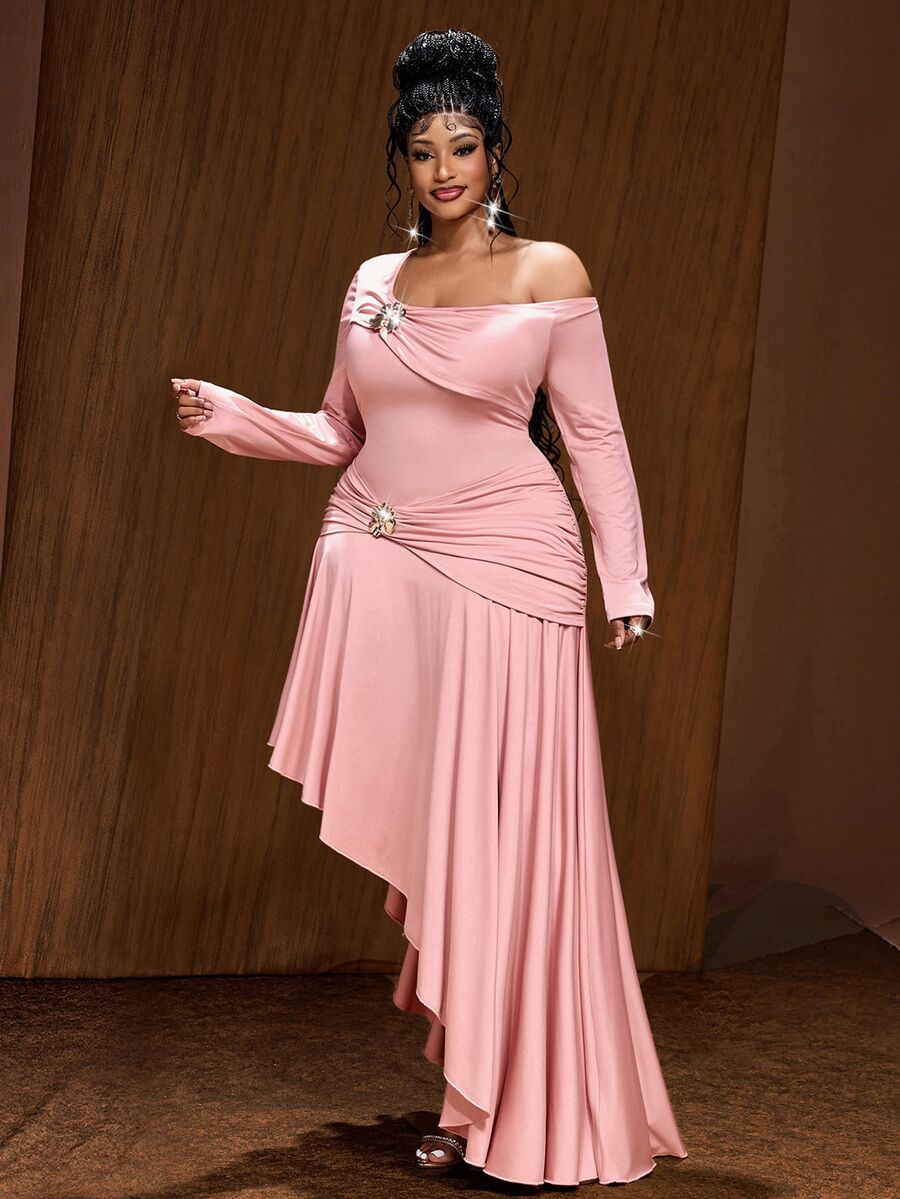 Maweii Plus Size Women's Asymmetric Neck Ruched Casual Party Dress - Dusty Pink - View 1