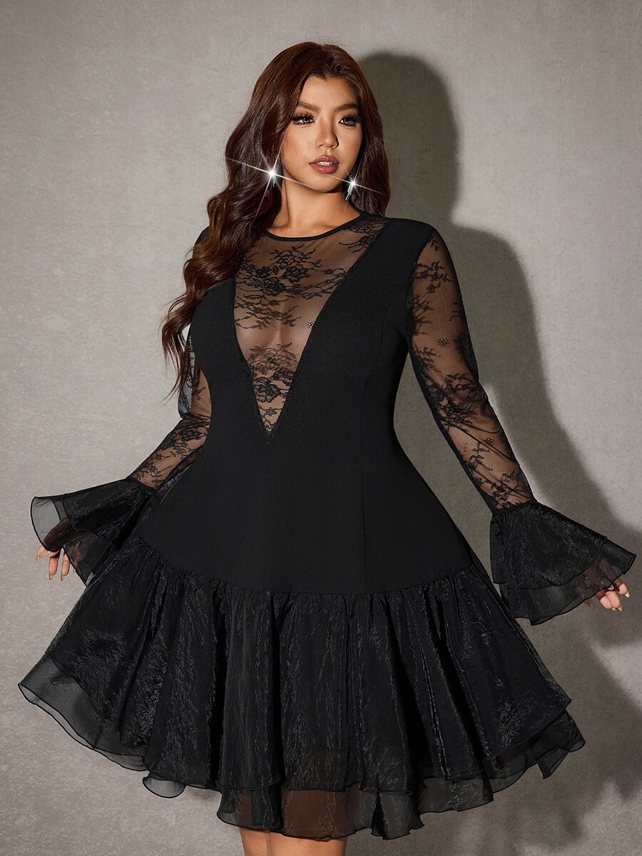 Viva Relle Plus Size Long Sleeve Sexy Hot Girl Date Versatile Dress Fall - Black - View 1