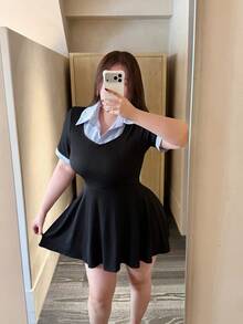 Vibekara Plus Size 2 In 1 Striped Shirt Collar Casual Elegant Everyday Office Brunch Summer Dress - Black - View 6