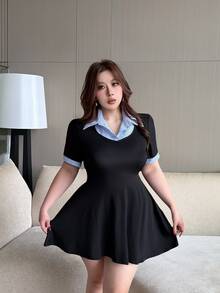 Vibekara Plus Size 2 In 1 Striped Shirt Collar Casual Elegant Everyday Office Brunch Summer Dress - Black - View 8
