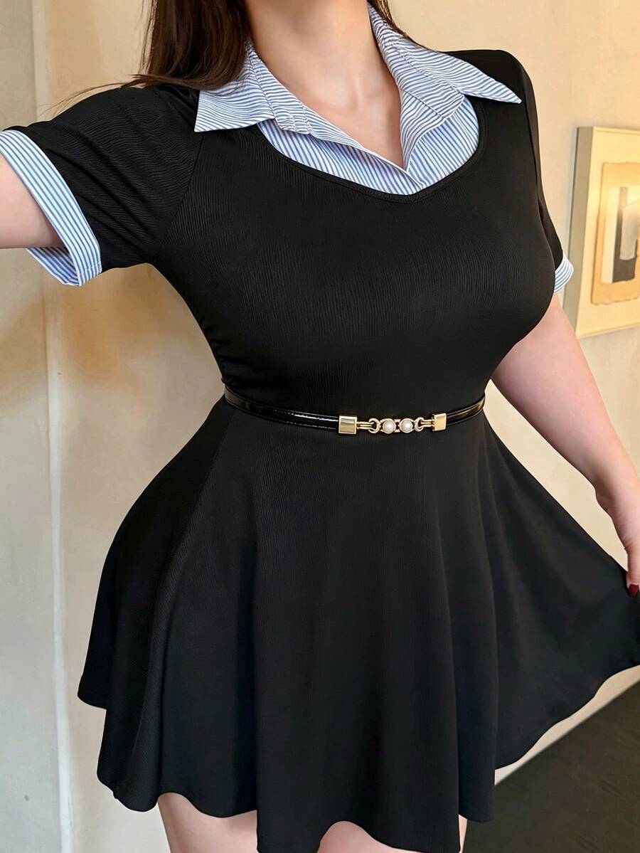 Vibekara Plus Size 2 In 1 Striped Shirt Collar Casual Elegant Everyday Office Brunch Summer Dress - Black - View 1