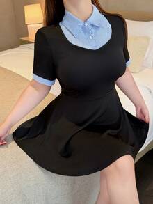 Vibekara Plus Size 2 In 1 Striped Shirt Collar Casual Elegant Everyday Office Brunch Summer Dress - Black - View 7