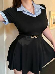 Vibekara Plus Size 2 In 1 Striped Shirt Collar Casual Elegant Everyday Office Brunch Summer Dress - Black - View 3